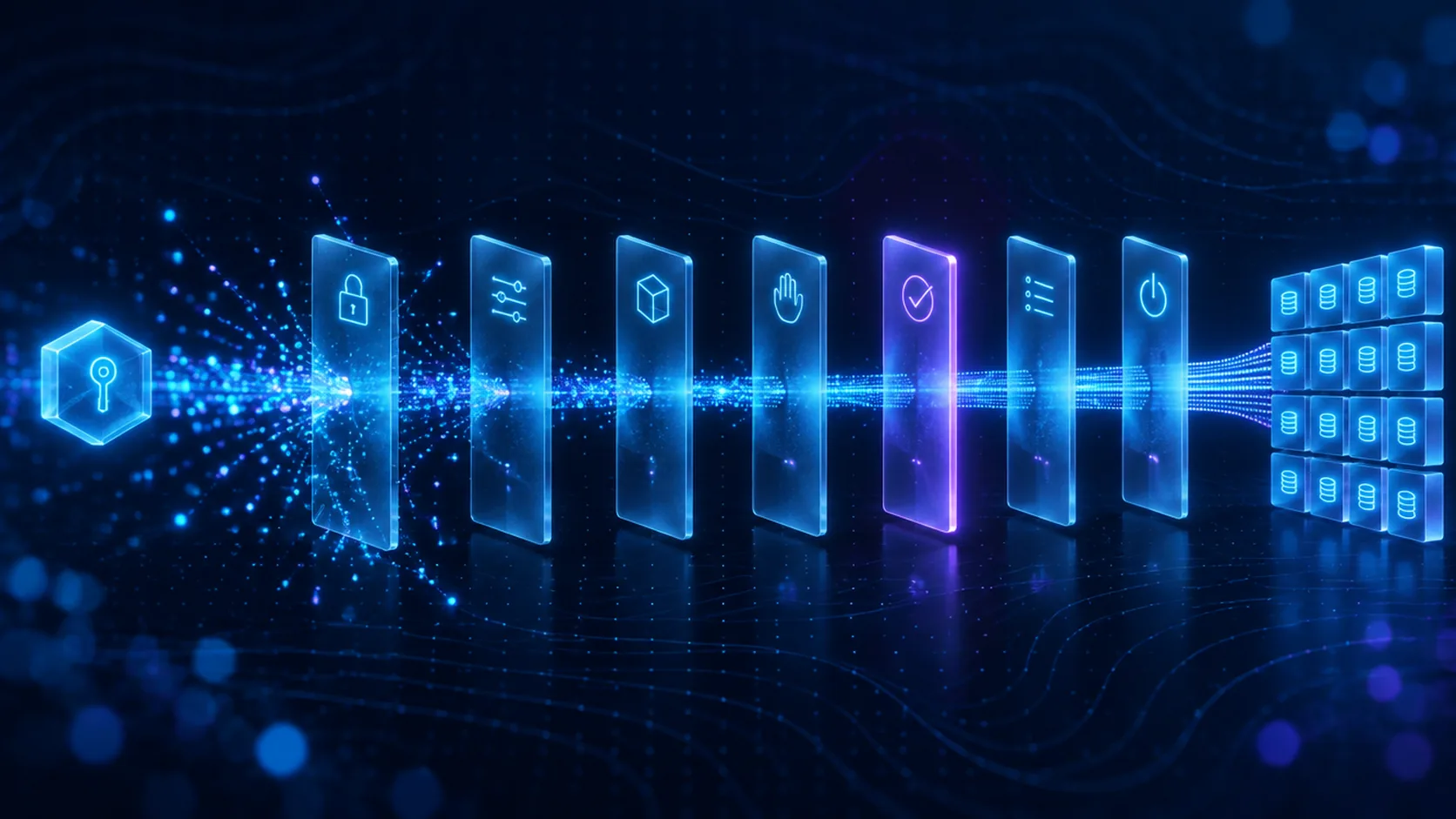 A glowing cyan hexagon with a key glyph on the left sends a stream of blue light rightward through seven translucent glass panels, each etched with a small symbol: a padlock, sliders, a box, a raised hand, a checkmark, a list and a power symbol. The stream scatters at the first panel and grows more orderly after each one, and a single panel glows violet. On the right it reaches a grid of database tiles.