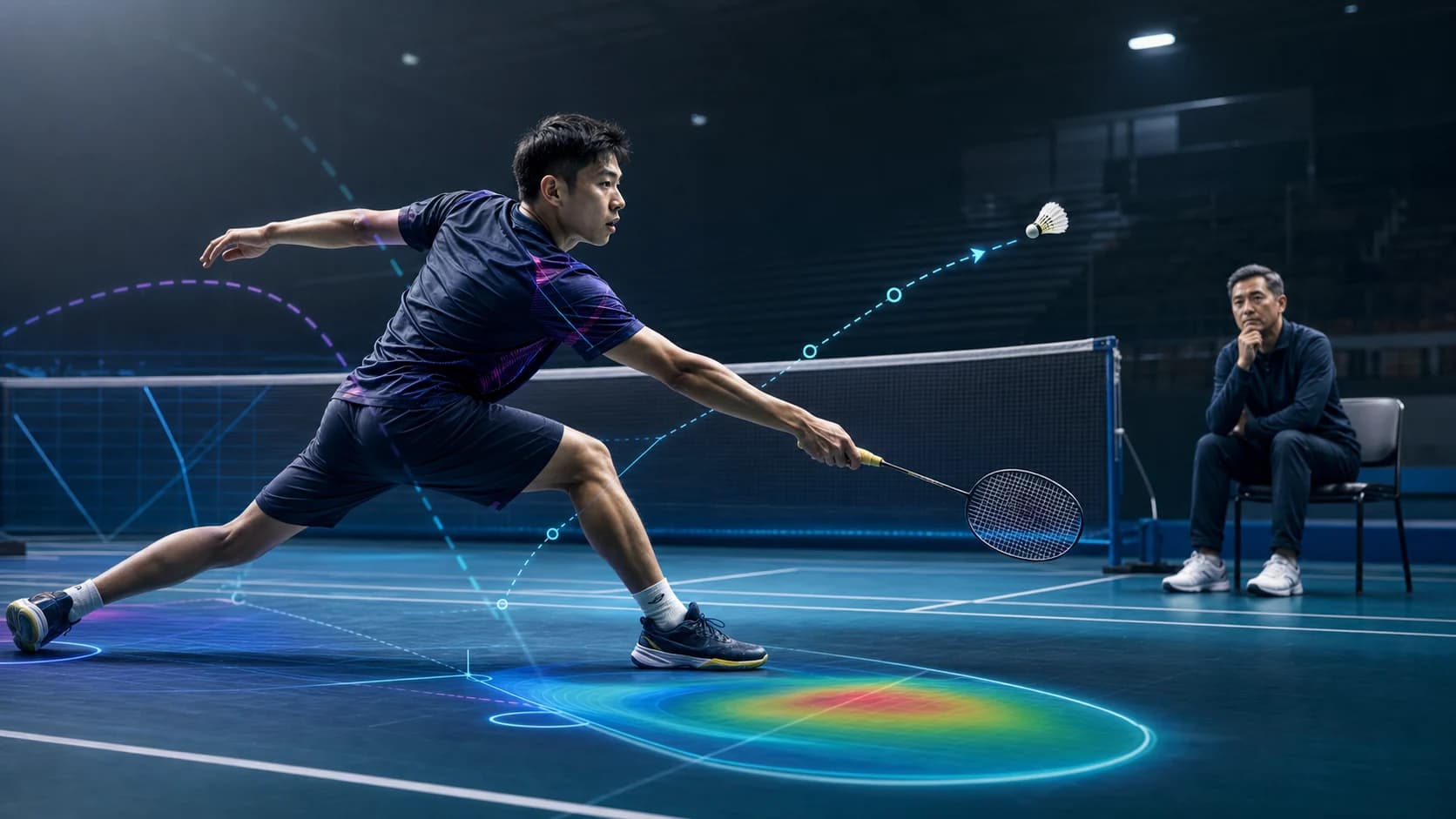 A badminton player reaching for a shuttle while subtle computer-vision paths and a court heatmap are observed by a human coach.