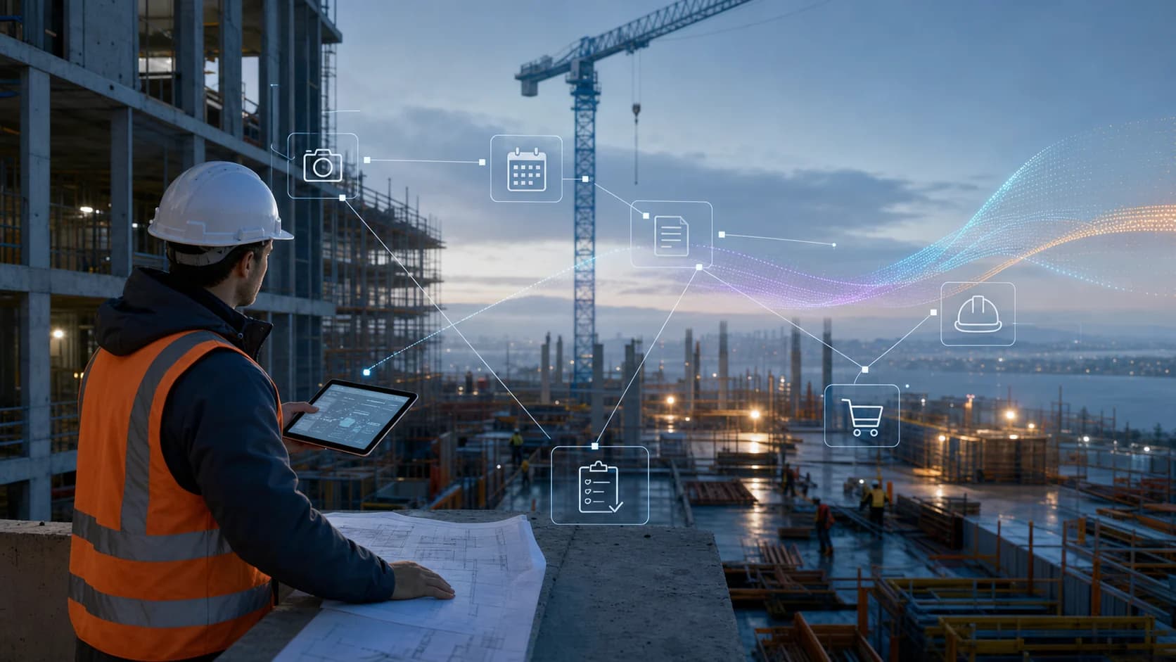 A construction site manager using a tablet while connected workflow signals represent photography, scheduling, documentation, procurement, inspections and safety.