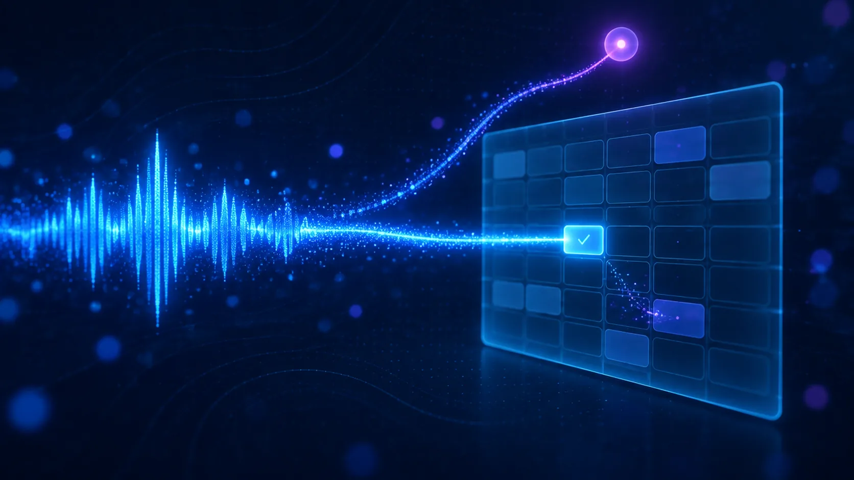 A glowing blue audio waveform on the left flows rightward and narrows into a single beam that locks into one slot on a translucent calendar grid, marked with a checkmark. A thinner branch curves upward before reaching the grid and ends at a small violet node, and a few stray particles fade out near an already-booked slot.