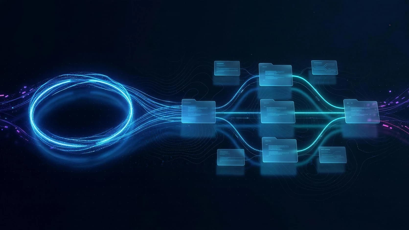 A glowing electric-blue loop on the left whose light streams break rightward into a network of translucent panels, where one node fans out into three parallel nodes and those converge back into a single node.