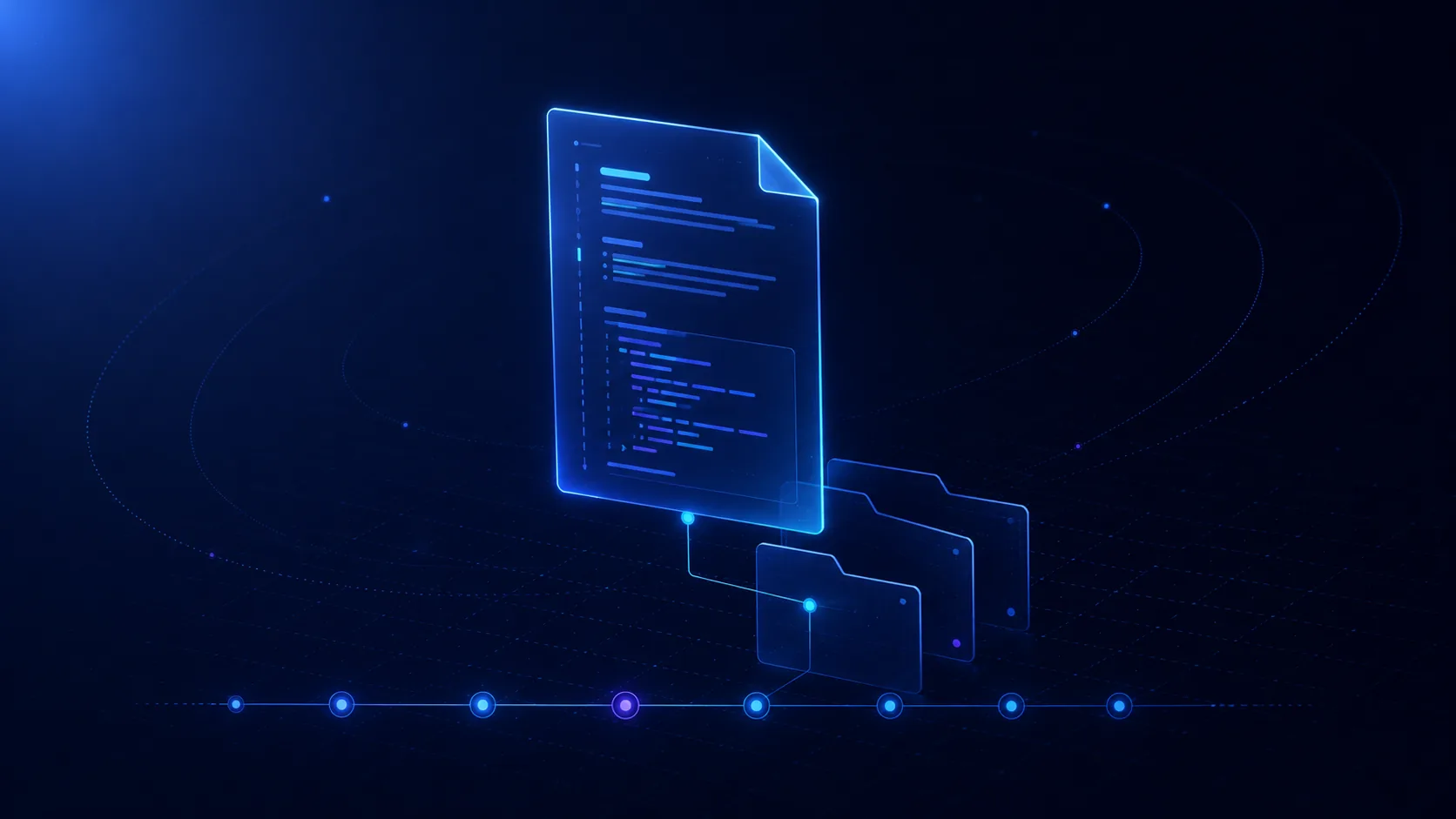 A single glowing translucent skill-file document floating above a small stack of folder panels and a row of version-control nodes, representing the skill file as the unit of agent capability.