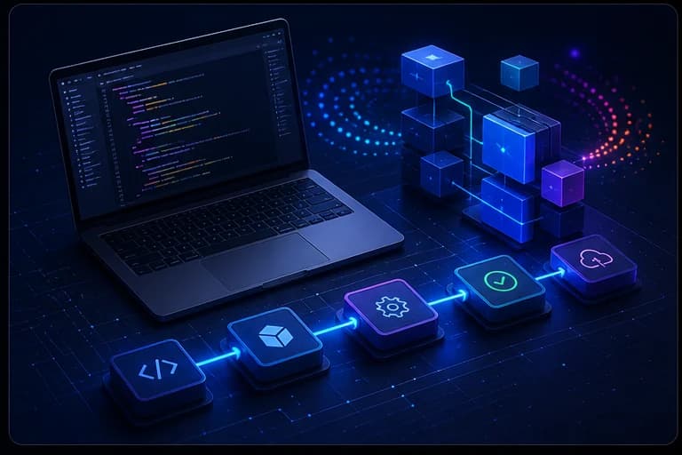 A practical software build pipeline with code, modular blocks, and deployment steps.