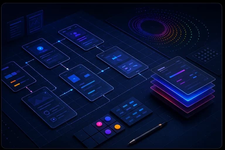 Product wireframes and interface flows arranged on a dark technical grid.