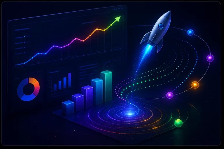A glowing analytics dashboard and launch path showing product growth.