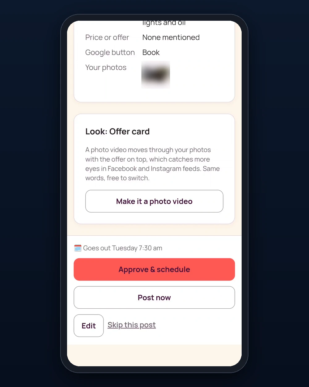 HereFlick approval screen on a phone: the post's planned look, then Goes out Tuesday 7:30 am with Approve and schedule, Post now, Edit and Skip this post