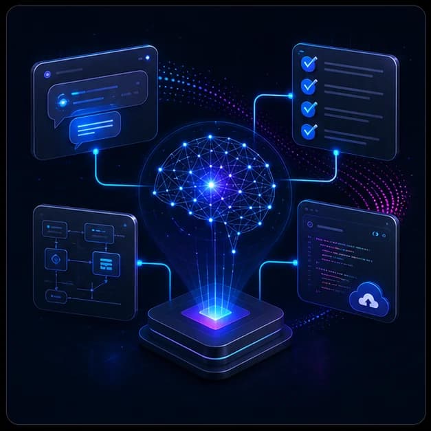 An AI engineering hub connected to workflow cards, checklists, and code review signals.