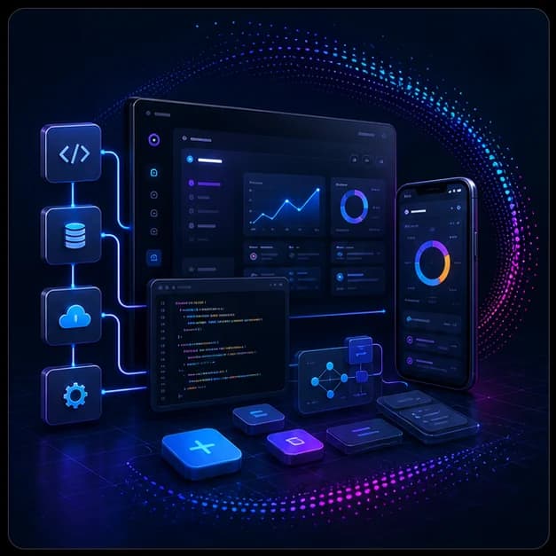 App dashboards, code modules, and API blocks arranged in a modern software build environment.