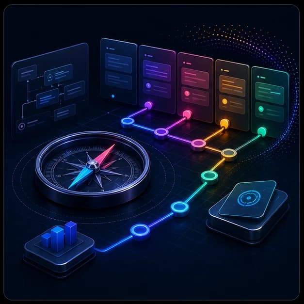 A product roadmap with a compass, prioritisation steps, and strategic planning cards.